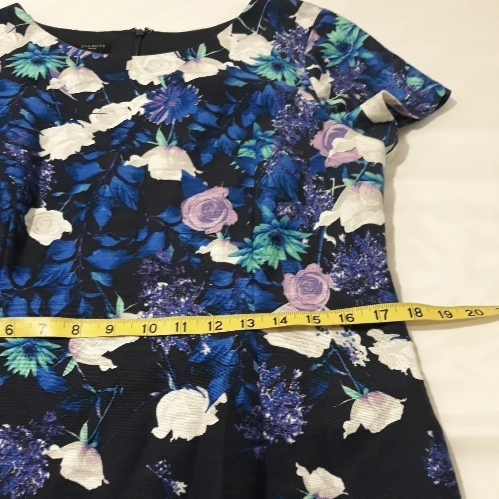 Talbots Dress Cotton Lined Floral Blue Back Zipper Short Sleeve Size 14